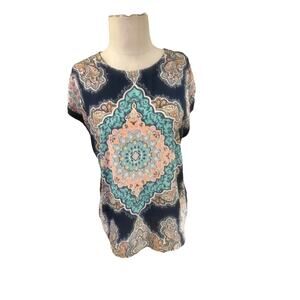 DR2 Daniel Rainn Blouse Top Women's Medium Navy Mandala Medallion Print Pullover